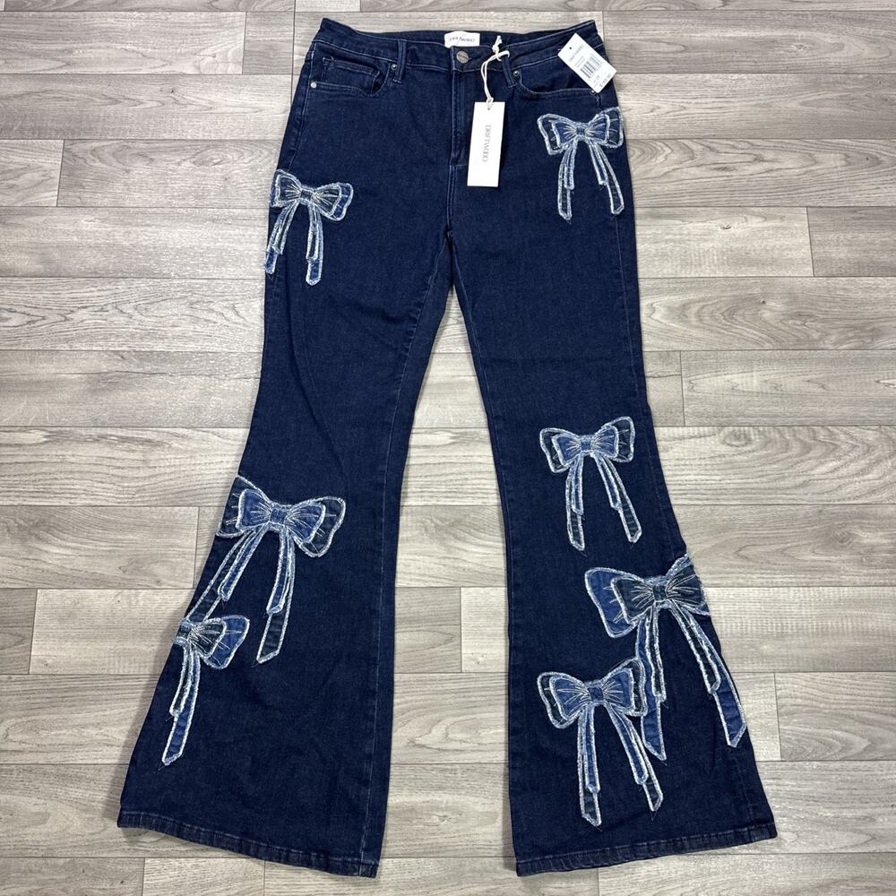 DRIFTWOOD Farrah Flare Denim Jeans Bow Patchwork Applique Dark Wash sz 29 - Picture 2 of 8